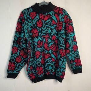 Vintage Spunky Floral Red and Green Mock Neck Sweater